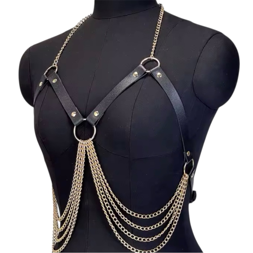 Women Goth PU Leather Chains Fashion Chest Harness - Picture 3 of 3